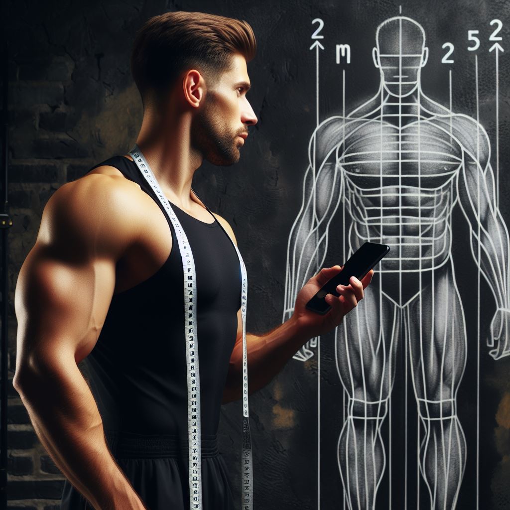 Atleta con grafici dell'indice di massa corporea (IMC) che illustrano la sua forma fisica ottimale.