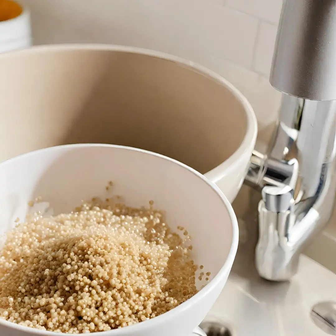 Sciacquo della quinoa in una ciotola, preparazione essenziale per le ricette salutari.