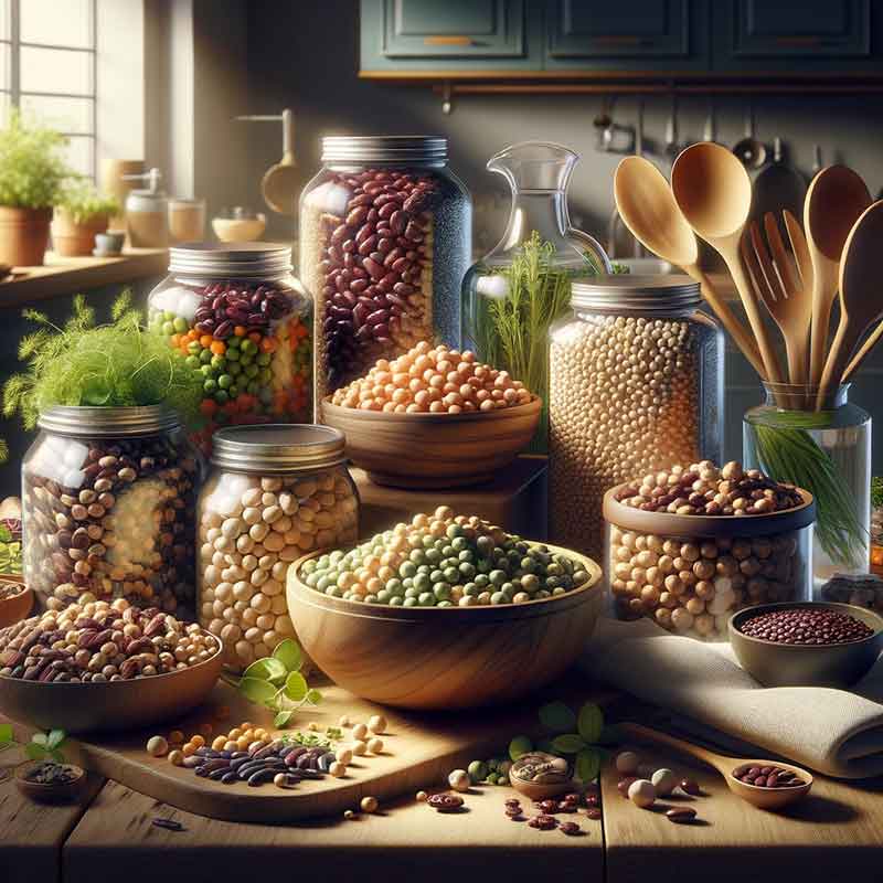 Legumi in barattoli di vetro e ciotole di ceramica con erbe fresche in una cucina luminosa