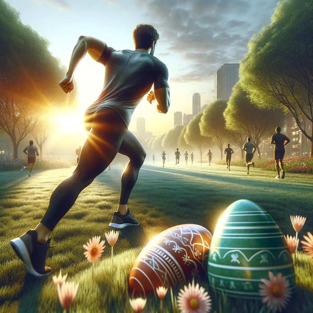 Uomo che corre superando uova di Pasqua, simboleggiando il superamento degli eccessi festivi.