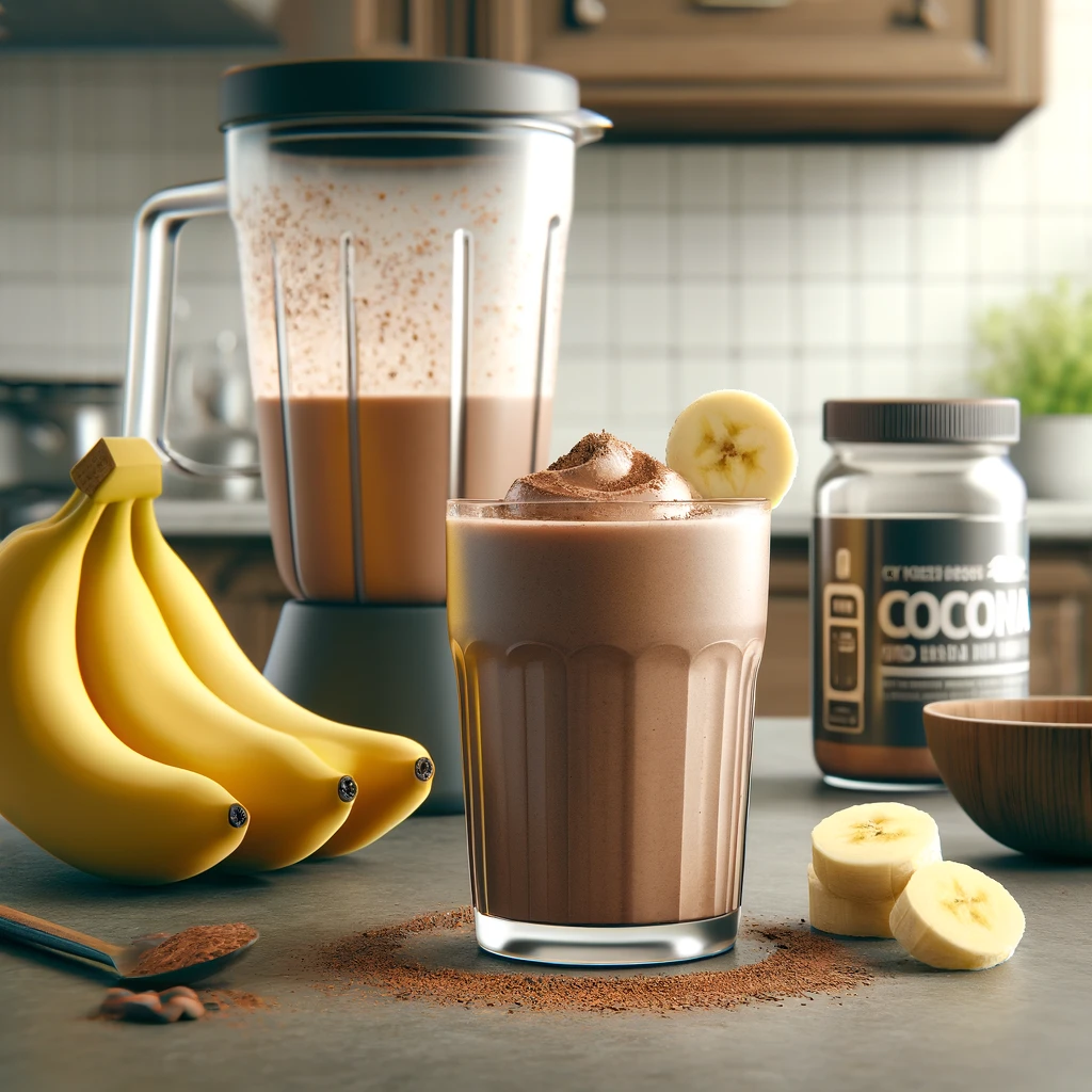 Smoothie proteico al cioccolato e banana, perfetto per la tua dieta fitness.