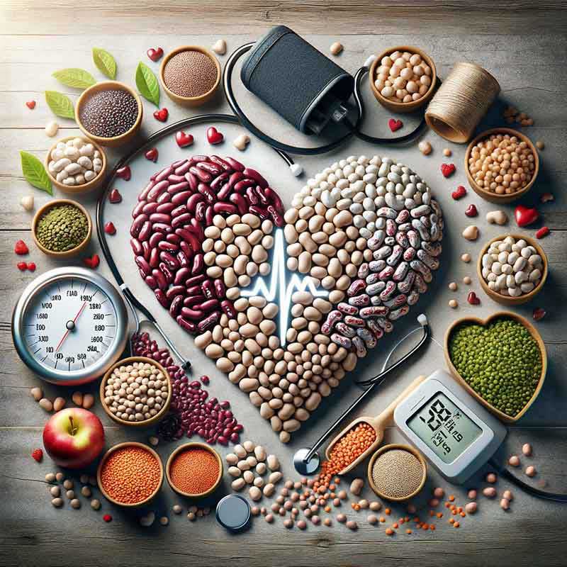 Varietà di legumi disposti a forma di cuore, circondati da simboli di salute cardiovascolare come una fascia per la pressione sanguigna e simboli di monitoraggio cardiaco
