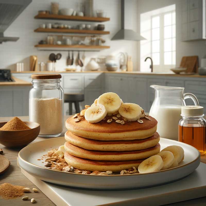 Pancake proteici con banana, avena, proteine in polvere alla vaniglia, albumi, latte di mandorla, lievito e cannella, serviti in una cucina moderna.