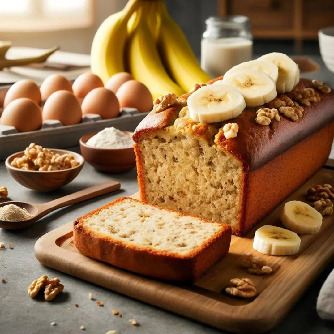 Una foto di un banana bread fit appena sfornato, affettato e posizionato su un tagliere di legno con fette di banana e noci sulla superficie. Sullo sfondo si vede una cucina con luce naturale.