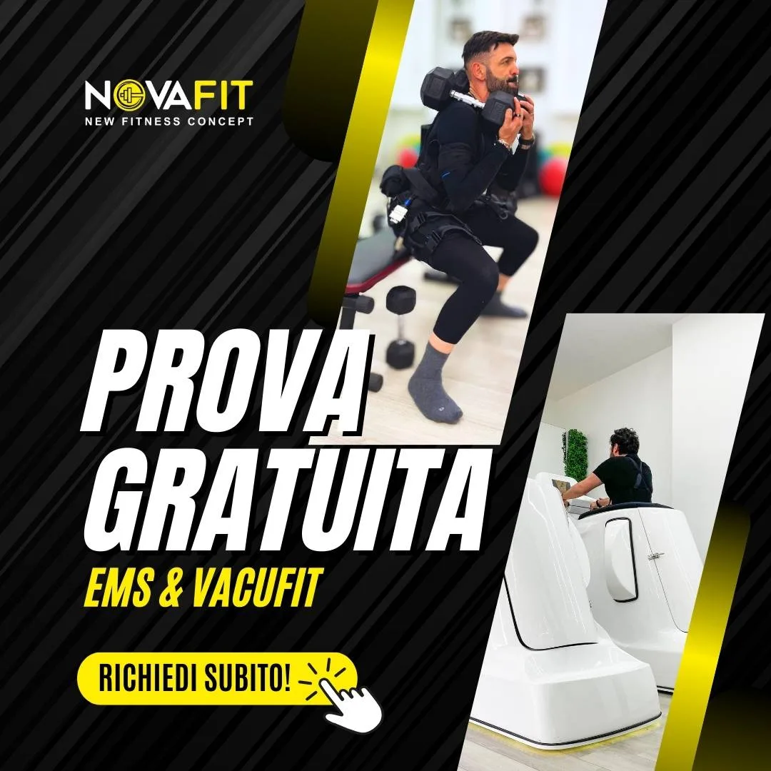 Grafica promozionale per NOVAFIT con offerta di prova gratuita per i servizi EMS e VACUFIT.